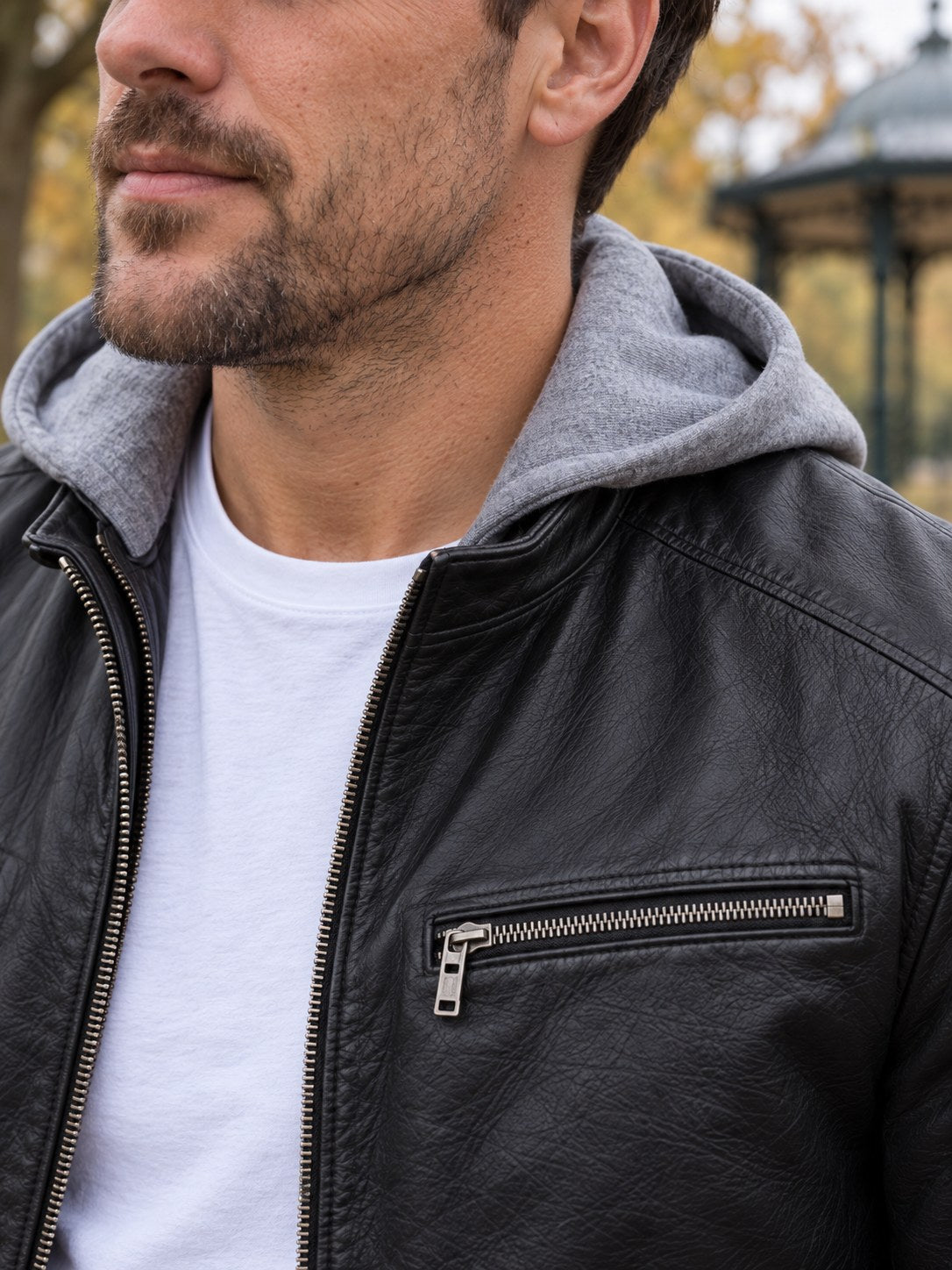 Abbey Hooded Black Leather Jacket - leather and hardware detail