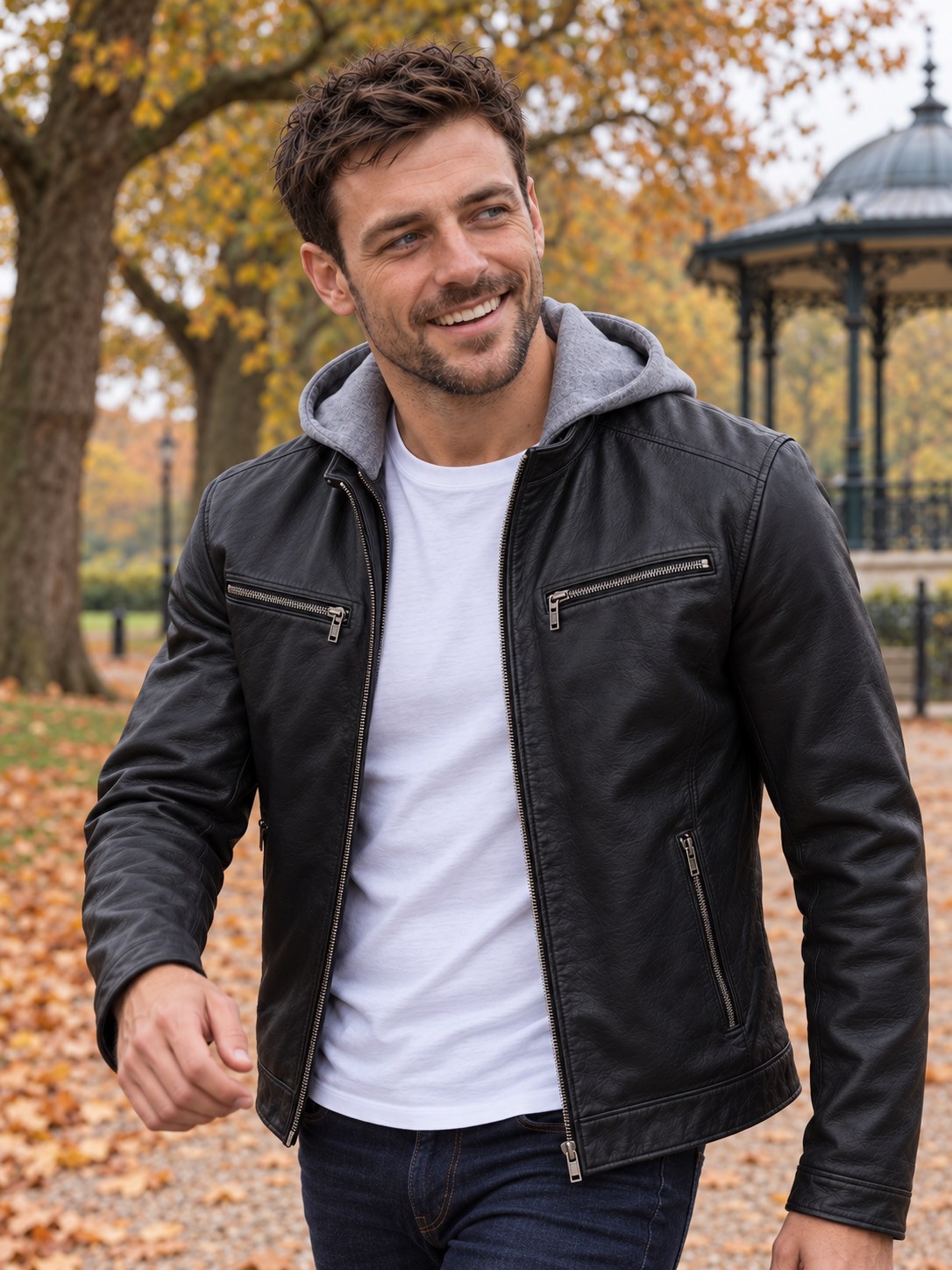 Abbey Hooded Black Leather Jacket - front close-up