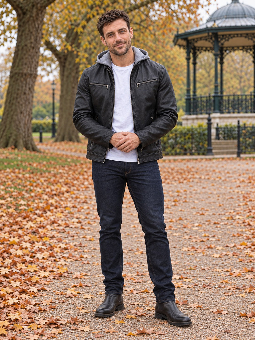 Abbey Hooded Black Leather Jacket - full length