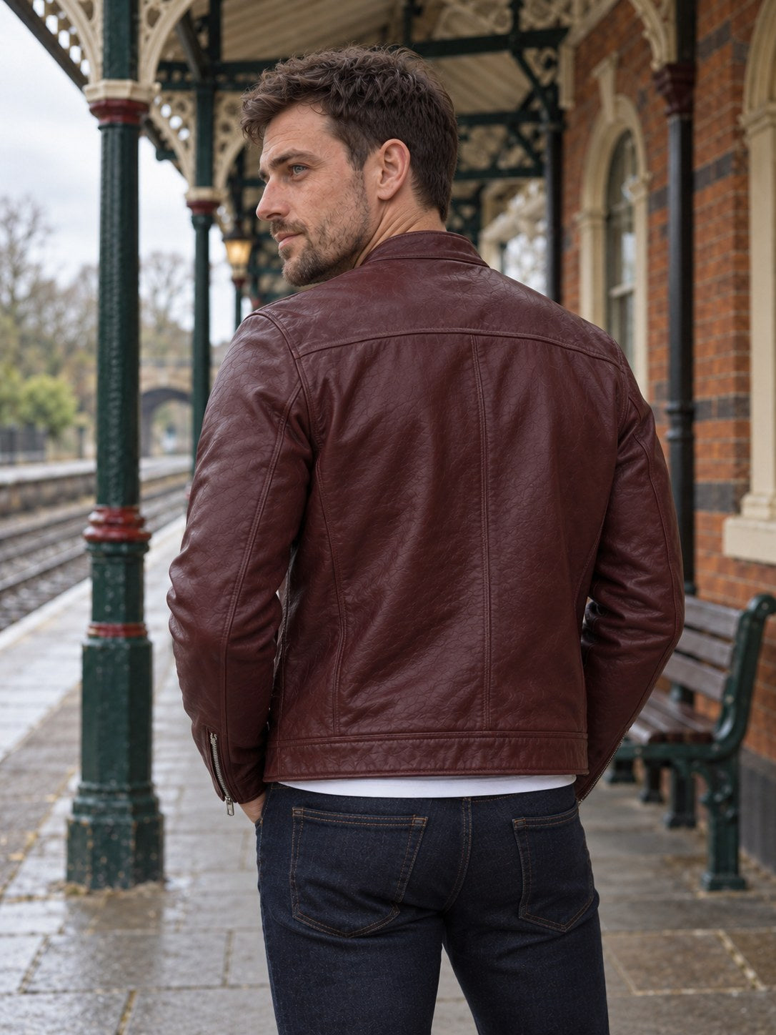 Ashby Oxblood Leather Cafe Racer Jacket - back view