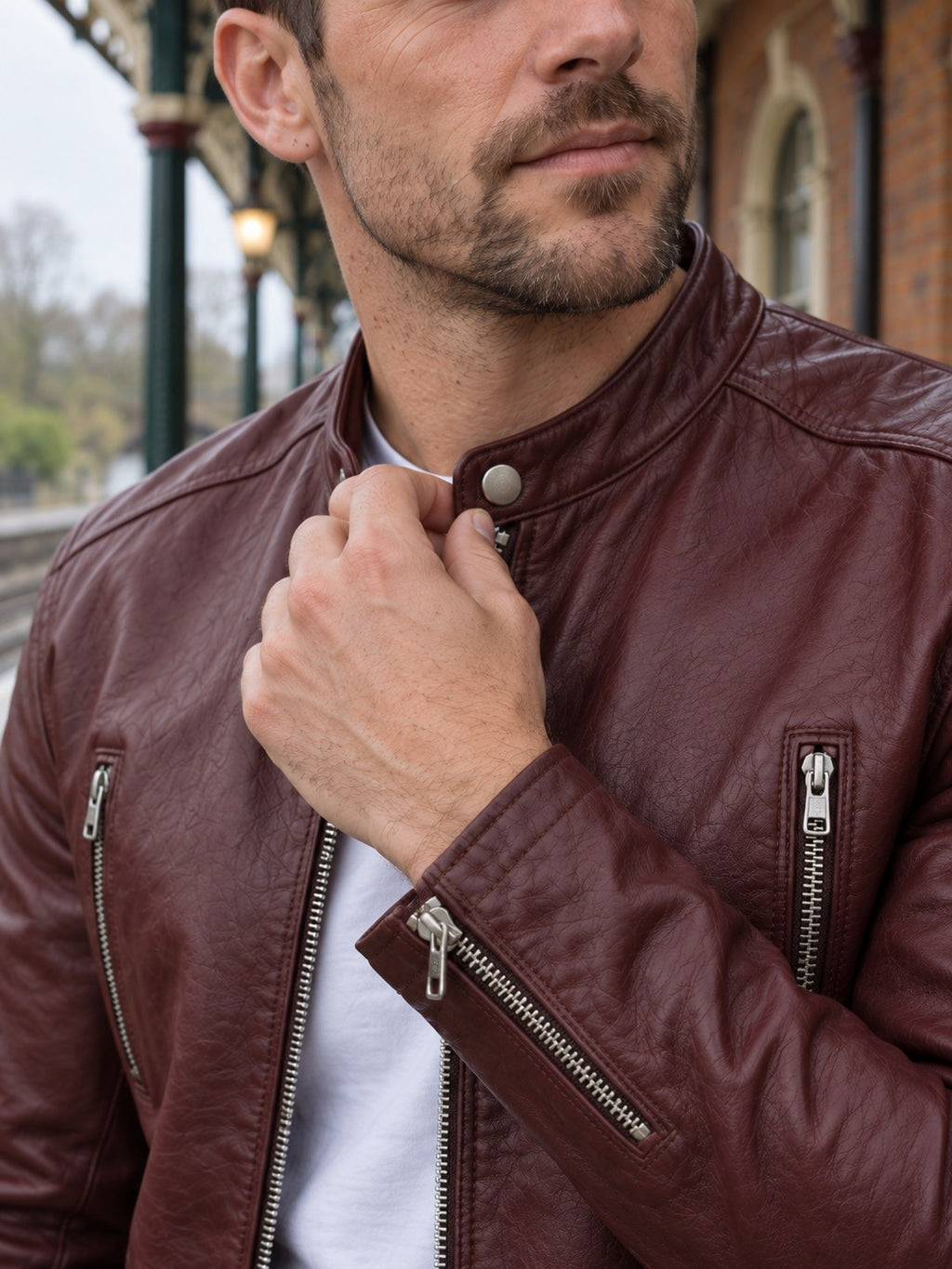 Ashby Oxblood Leather Cafe Racer Jacket - leather and hardware detail