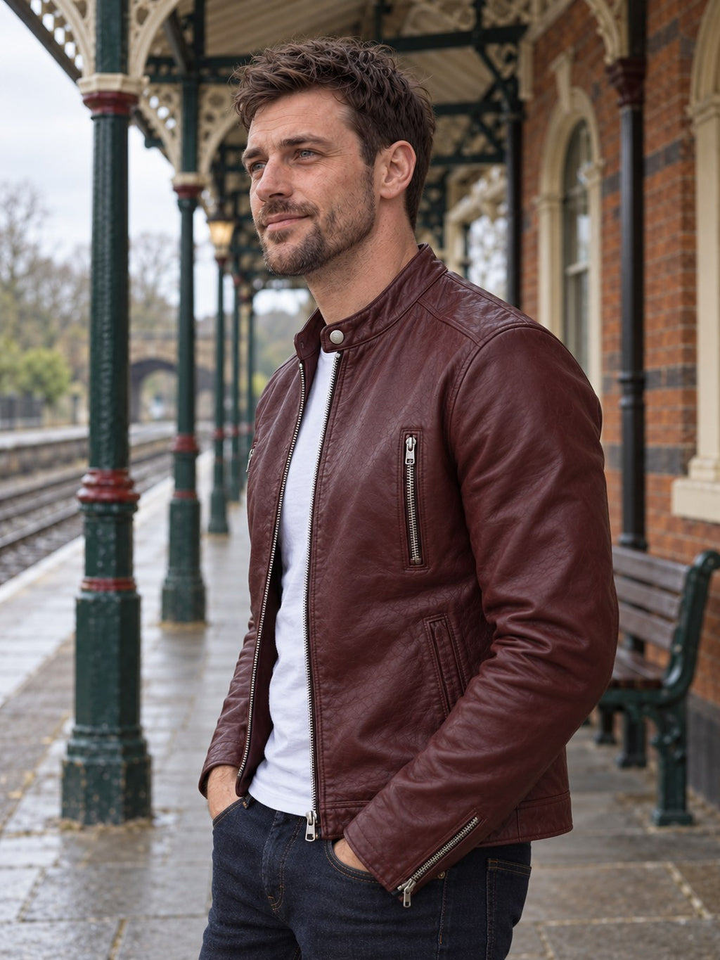 Ashby Oxblood Leather Cafe Racer Jacket - front close-up