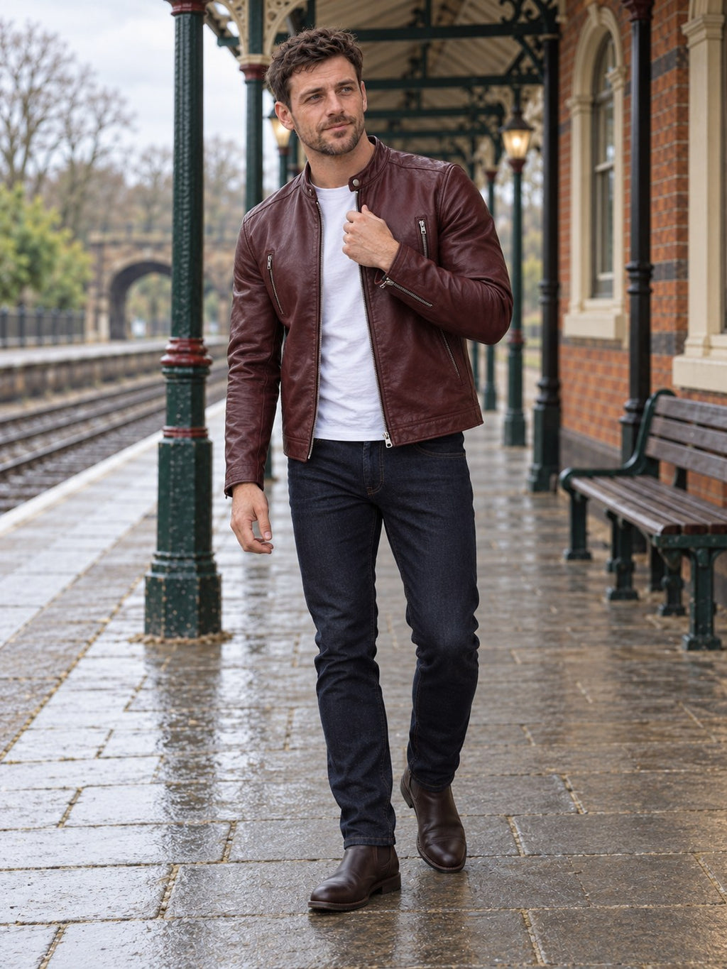 Ashby Oxblood Leather Cafe Racer Jacket - full length