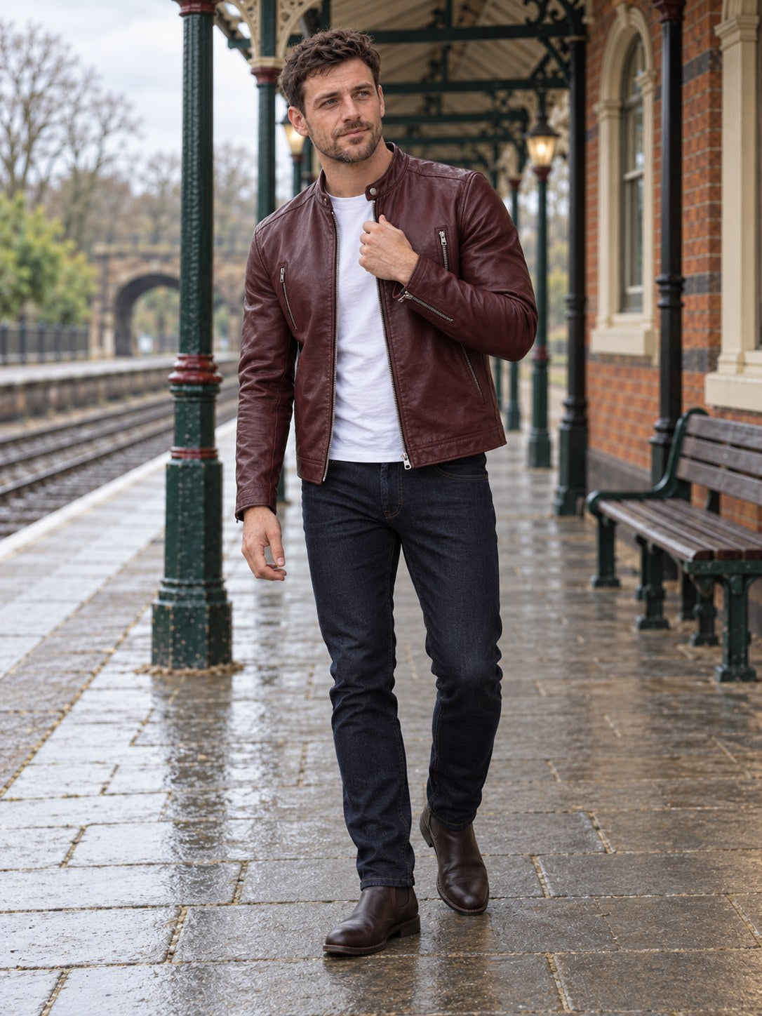 Ashby Oxblood Leather Cafe Racer Jacket - full length