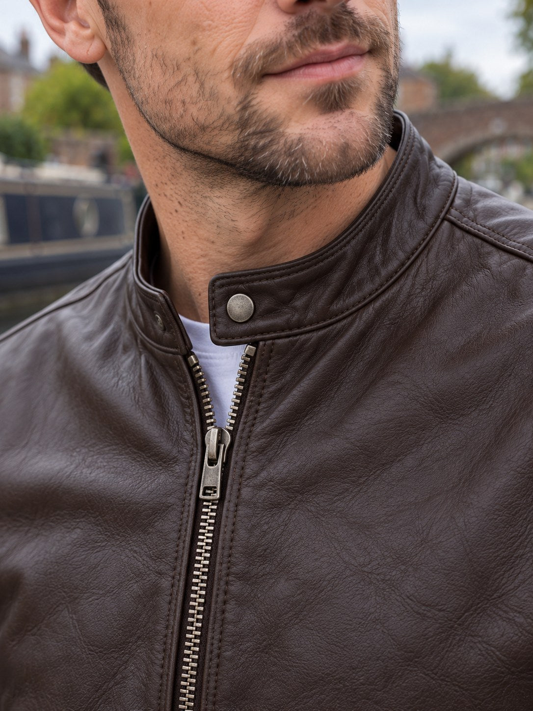 Aylestone Brown Leather Cafe Racer Jacket - leather and hardware detail