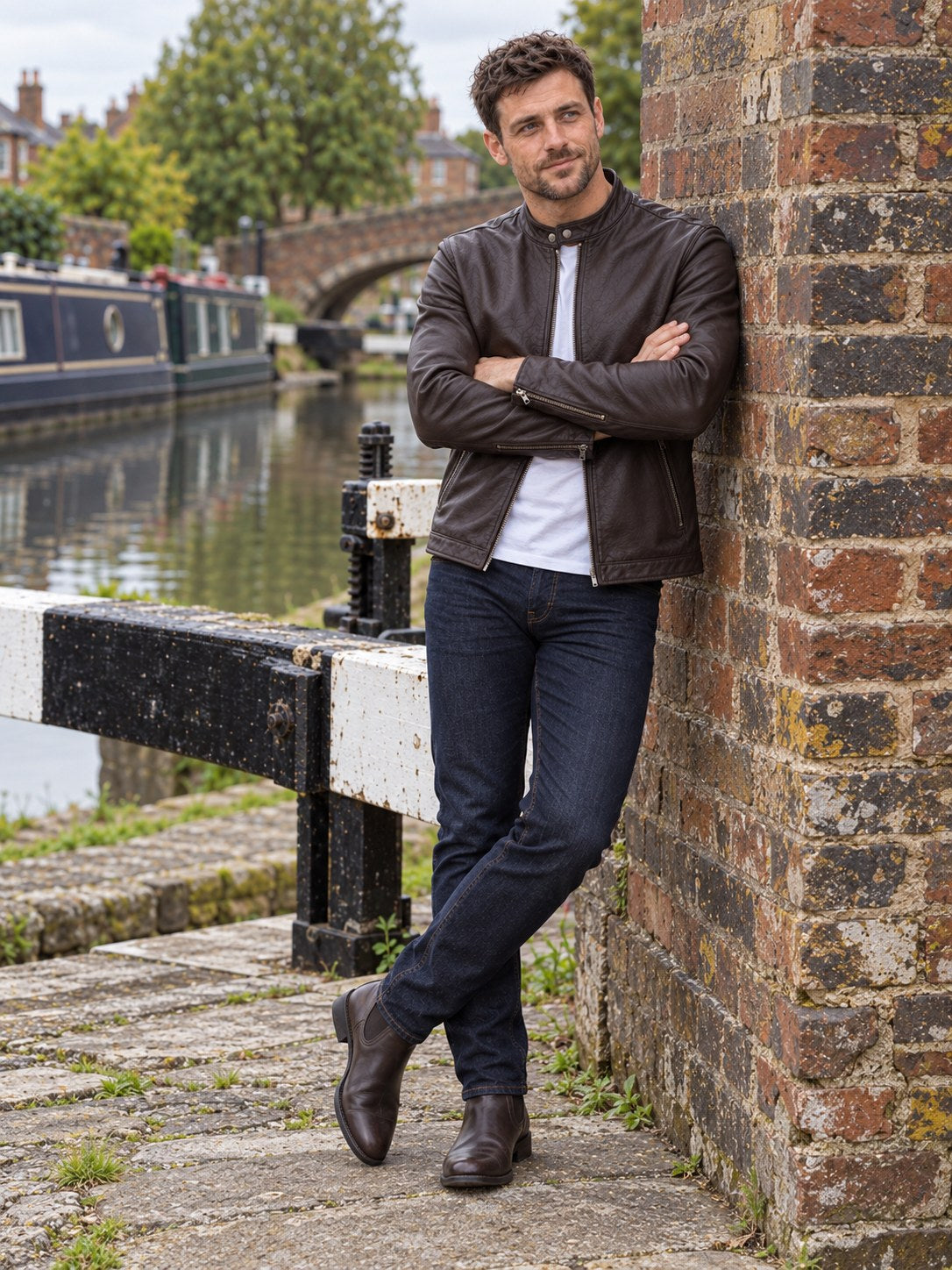 Aylestone Brown Leather Cafe Racer Jacket - full length