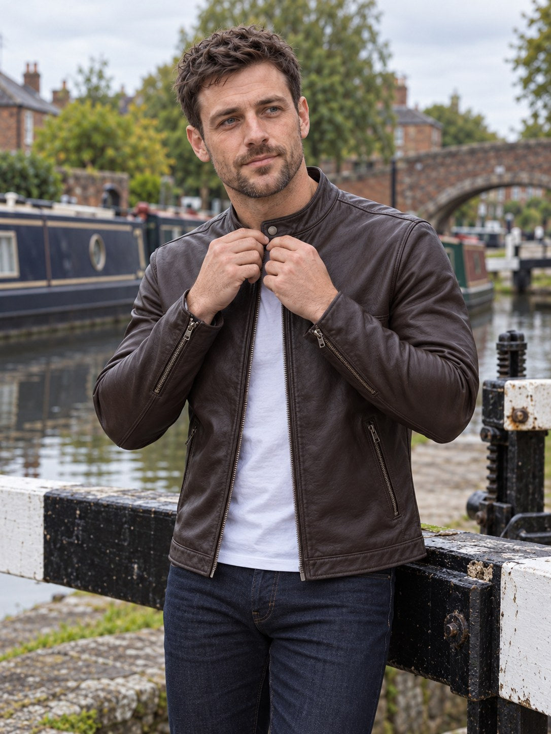 Aylestone Brown Leather Cafe Racer Jacket - front view