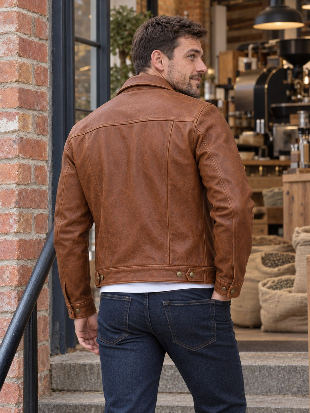 Belgrave Cognac Leather Trucker Jacket - back view