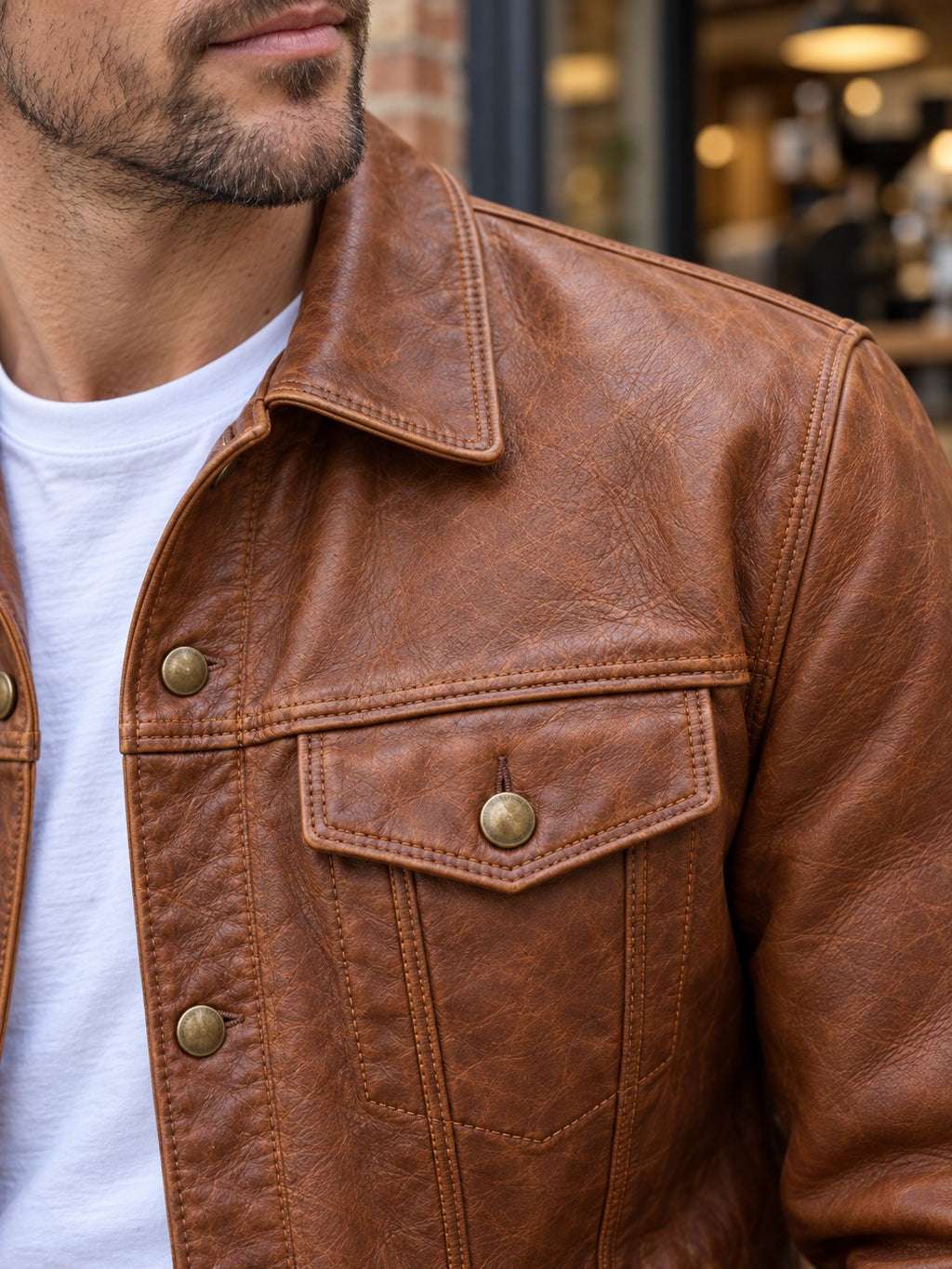 Belgrave Cognac Leather Trucker Jacket - leather and hardware detail