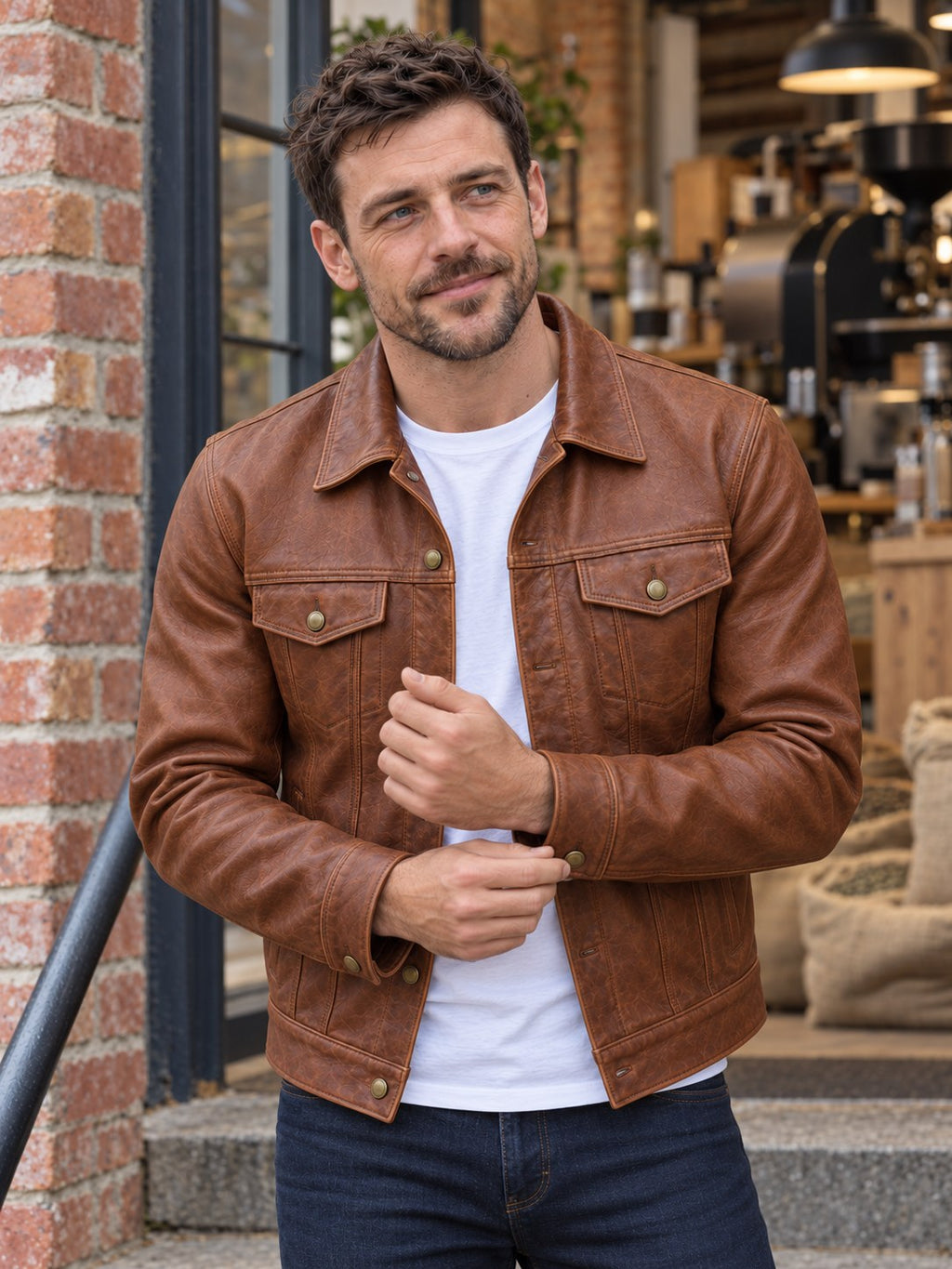 Belgrave Cognac Leather Trucker Jacket - front close-up