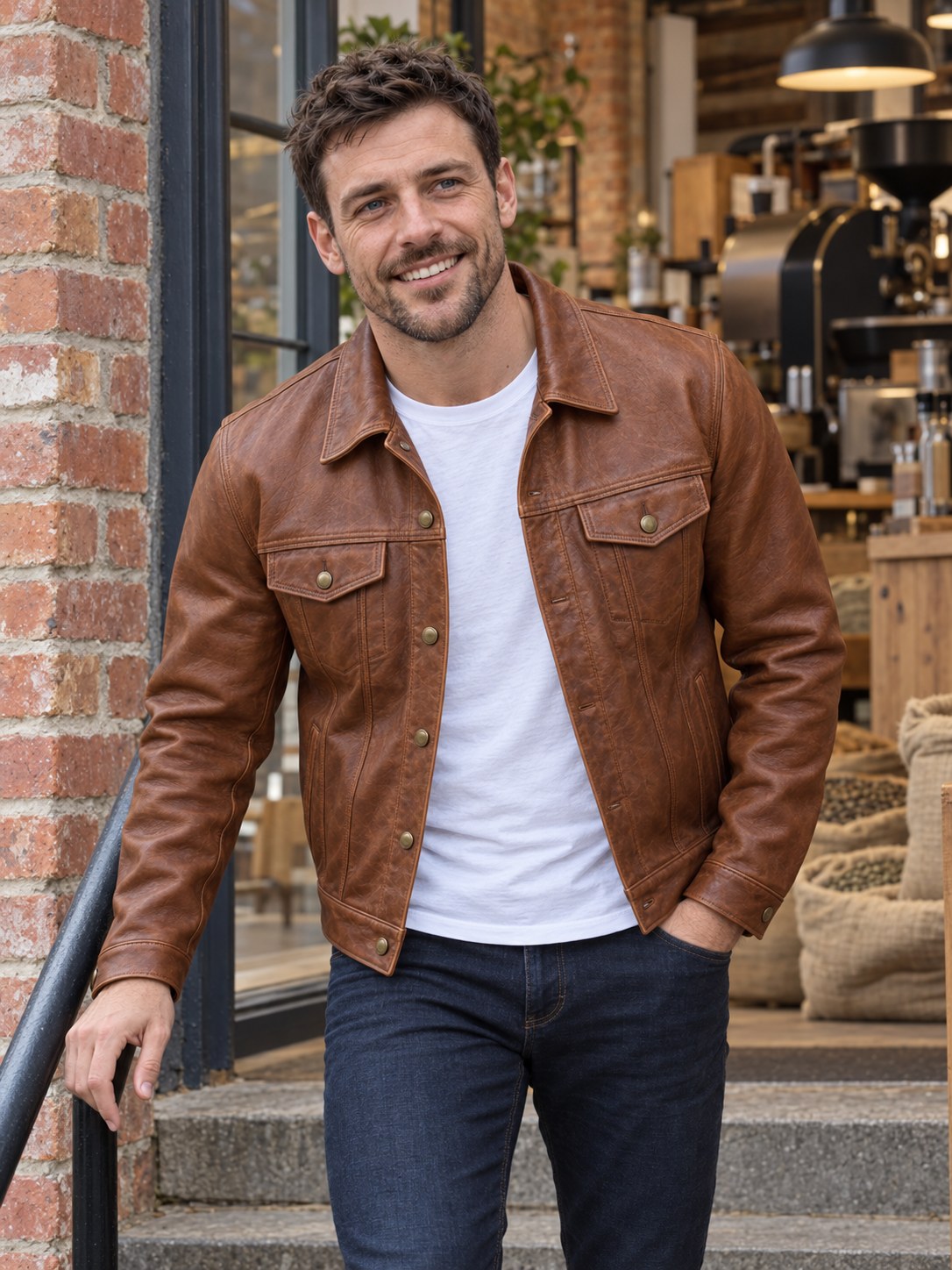 Belgrave Cognac Leather Trucker Jacket - front view