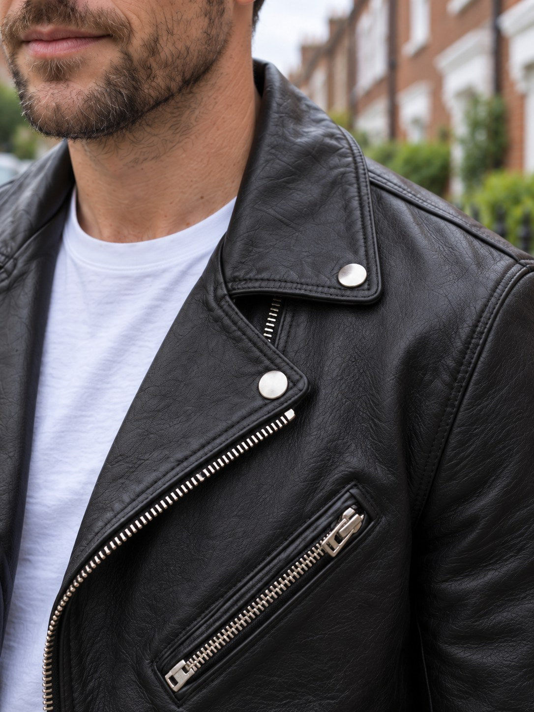 Braunstone Asymmetric Leather Biker Jacket - leather and hardware detail