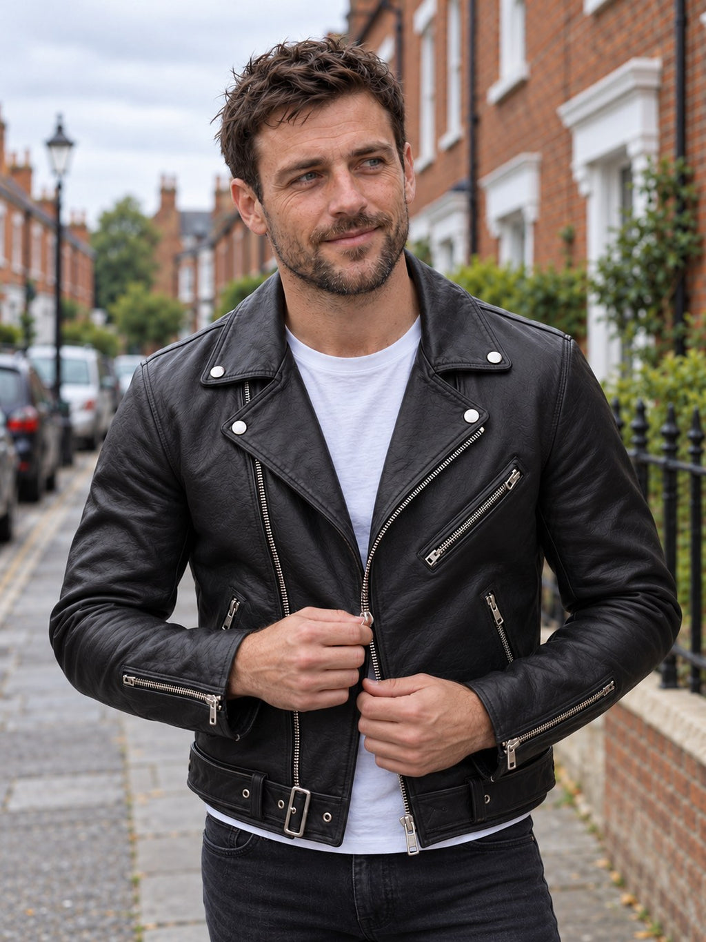 Braunstone Asymmetric Leather Biker Jacket - front close-up