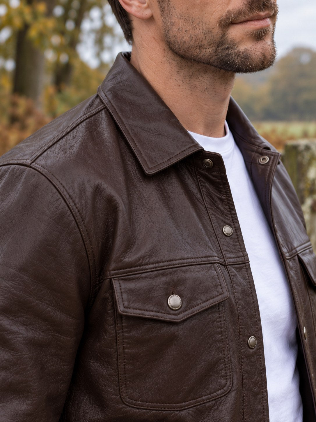 Charnwood Dark Brown Leather Overshirt - leather and hardware detail
