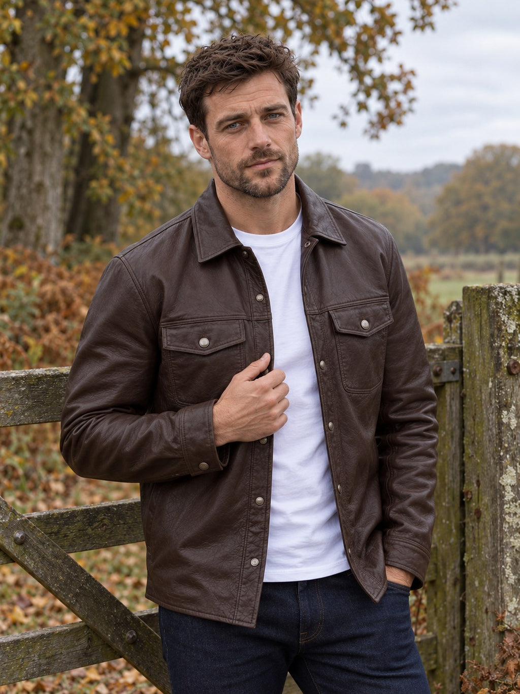 Charnwood Dark Brown Leather Overshirt - front close-up