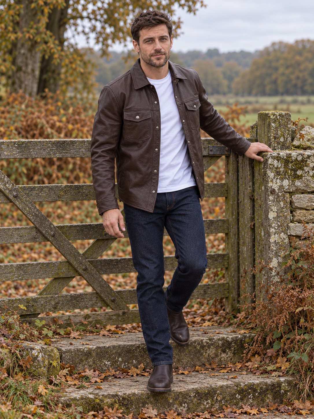 Charnwood Dark Brown Leather Overshirt - full length