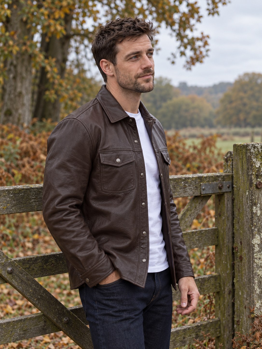 Charnwood Dark Brown Leather Overshirt - front view