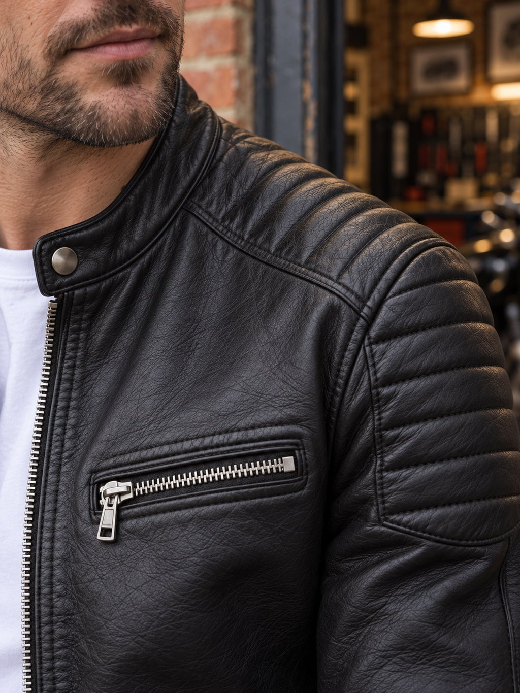 Evington Quilted Shoulder Leather Biker Jacket - leather and hardware detail
