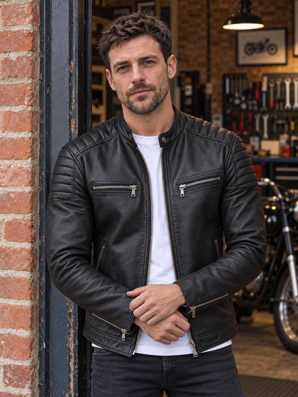 Evington Quilted Shoulder Leather Biker Jacket - front close-up