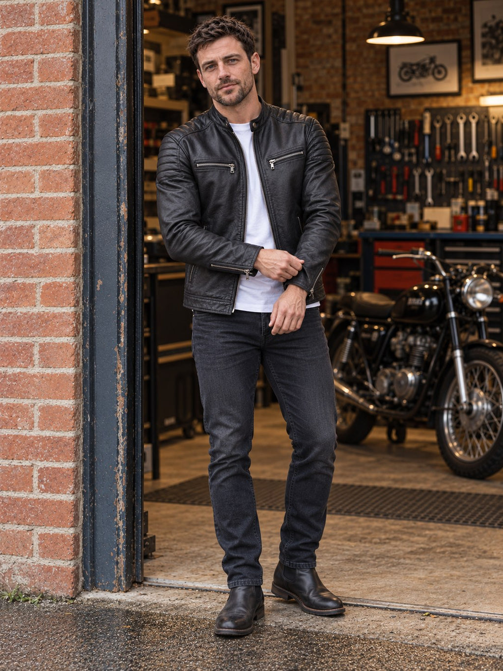 Evington Quilted Shoulder Leather Biker Jacket - full length