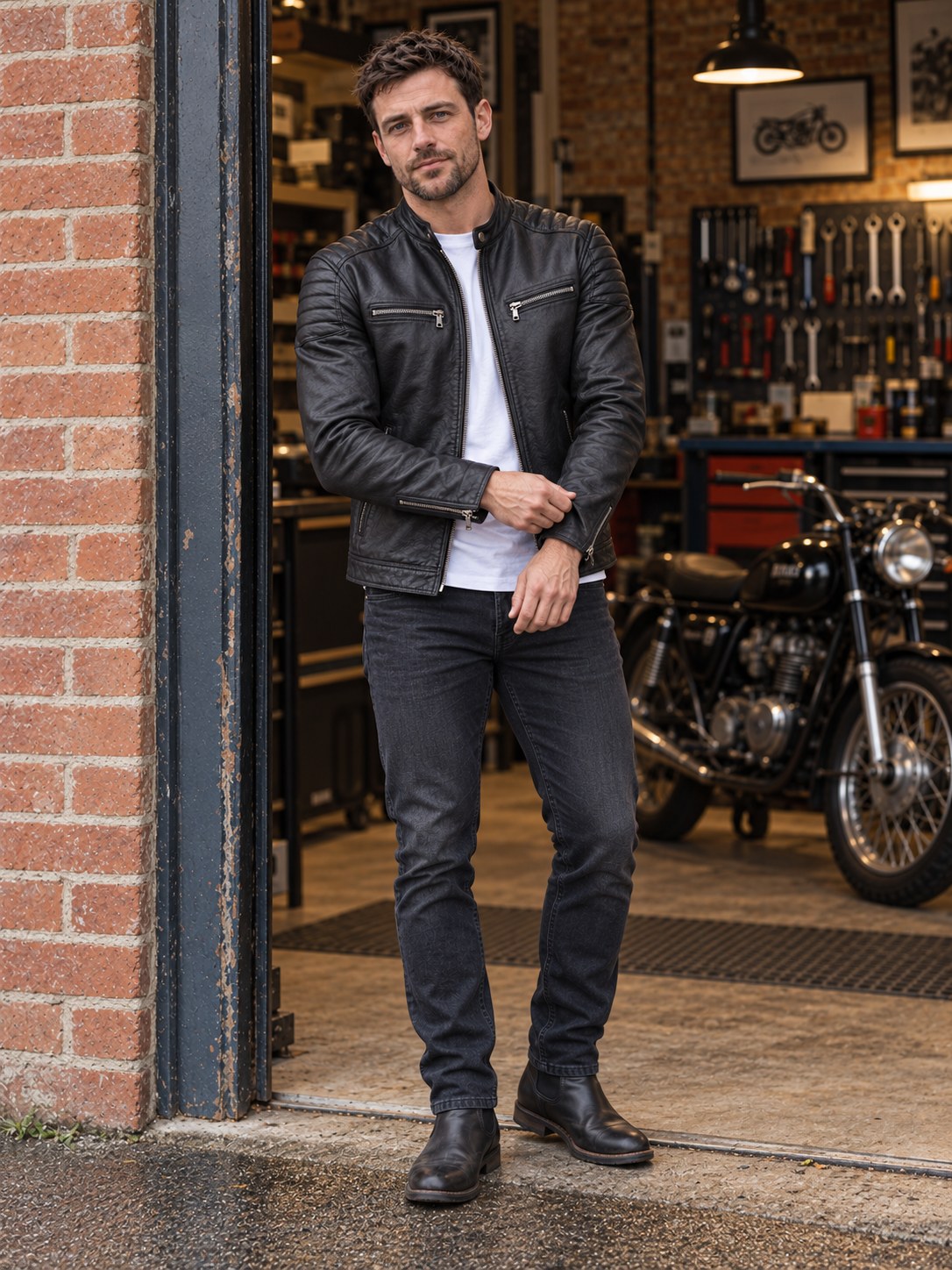 Evington Quilted Shoulder Leather Biker Jacket - full length