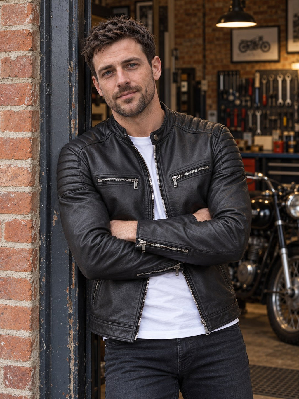 Evington Quilted Shoulder Leather Biker Jacket - front view