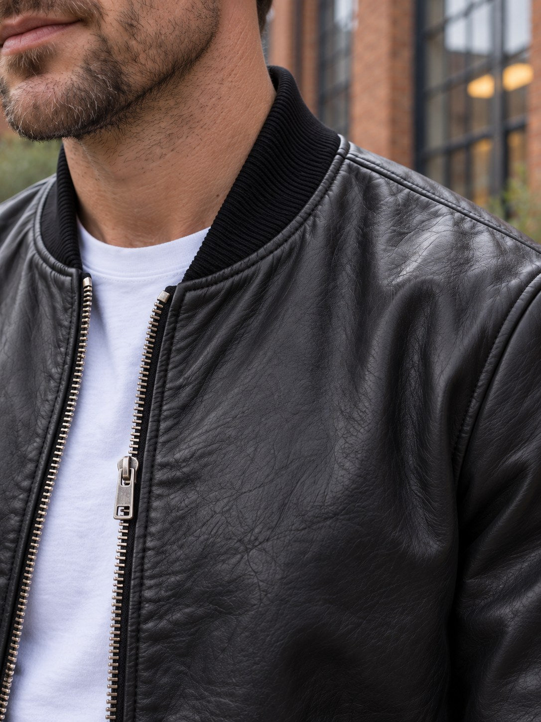 Fosse Black Leather Bomber Jacket - leather and hardware detail