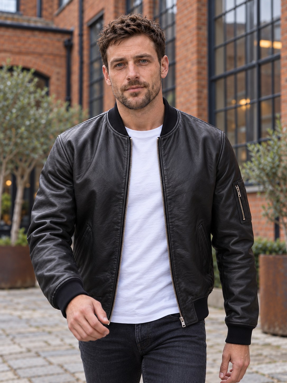 Fosse Black Leather Bomber Jacket - front close-up