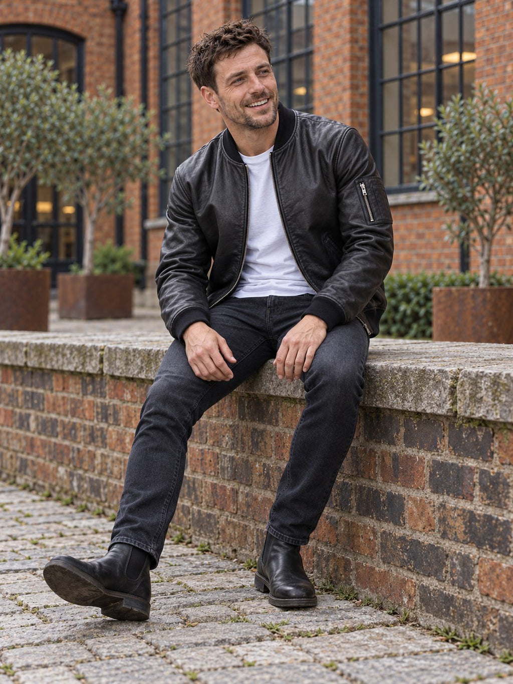 Fosse Black Leather Bomber Jacket - full length