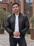 Fosse Black Leather Bomber Jacket - front view