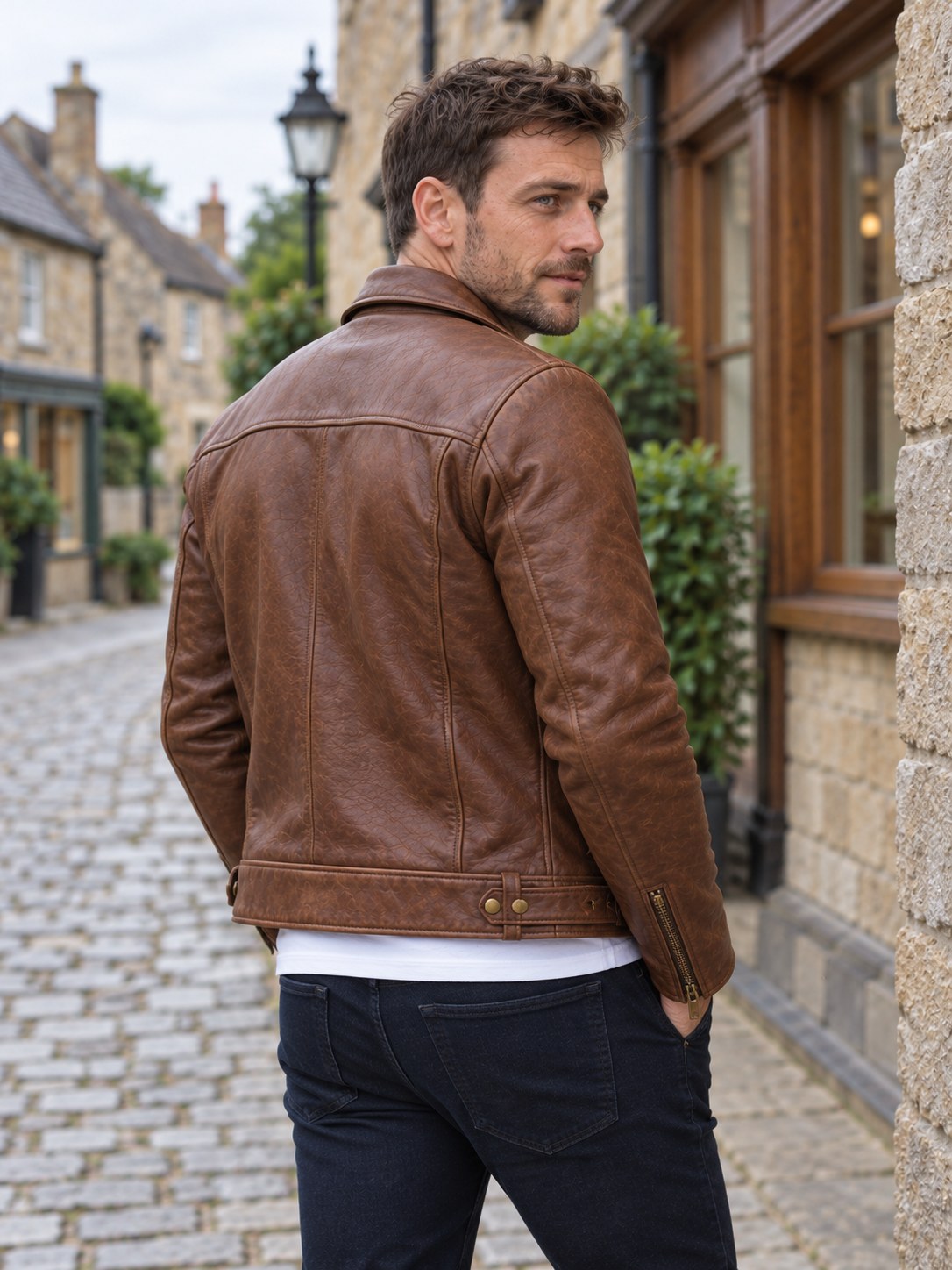 Knighton Tan Leather Biker Jacket - back view