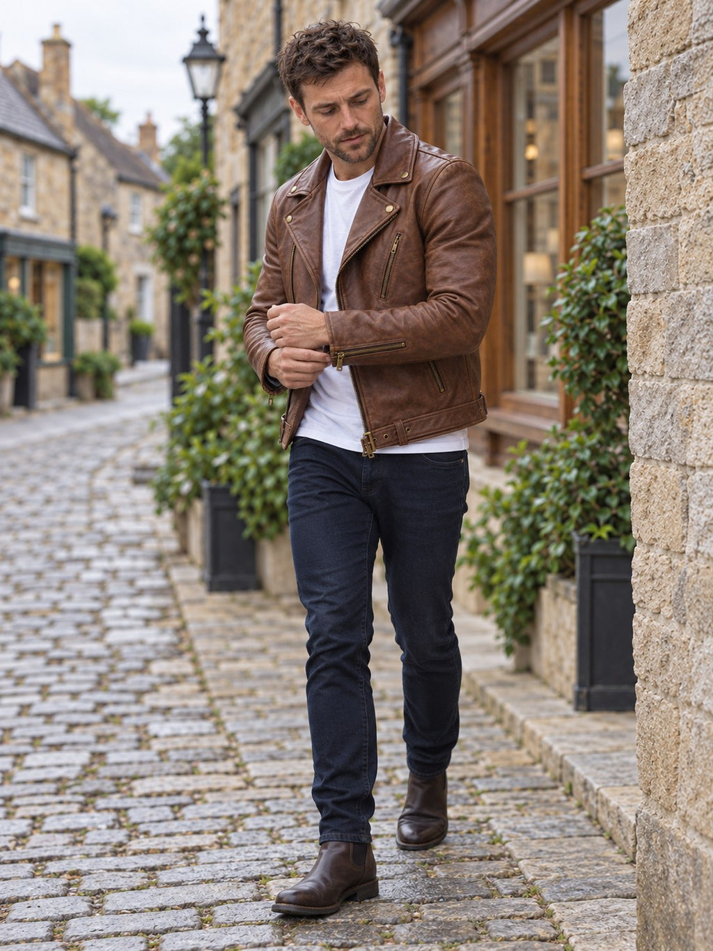 Knighton Tan Leather Biker Jacket - full length