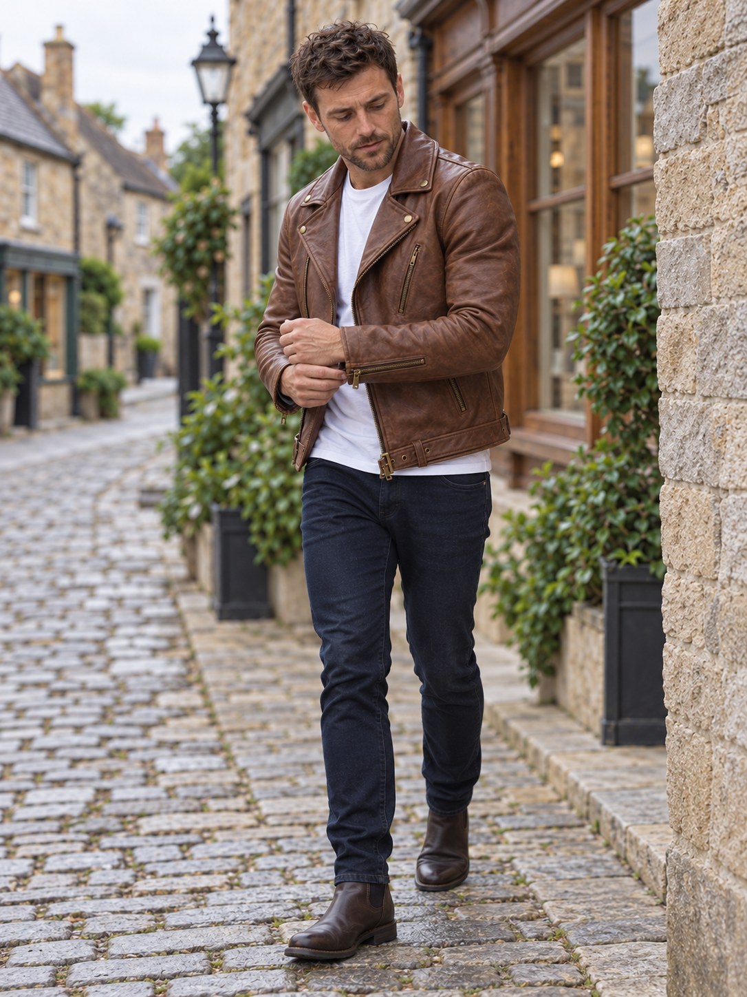 Knighton Tan Leather Biker Jacket - full length