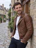 Knighton Tan Leather Biker Jacket - front view