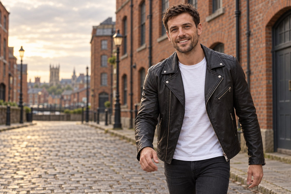 Man wearing a black leather biker jacket on a cobbled street - Marvexz