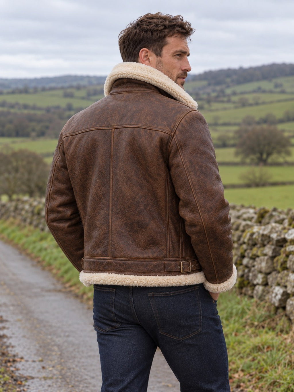 Narborough Faux Shearling Collar Leather Aviator Jacket - back view