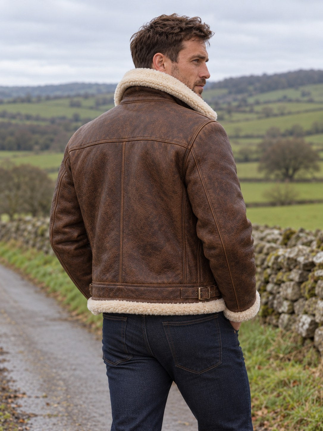 Narborough Faux Shearling Collar Leather Aviator Jacket - back view
