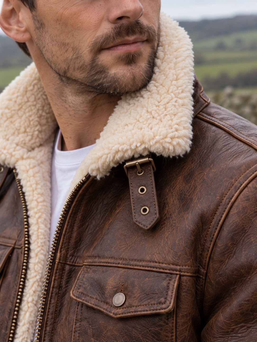 Narborough Faux Shearling Collar Leather Aviator Jacket - leather and hardware detail