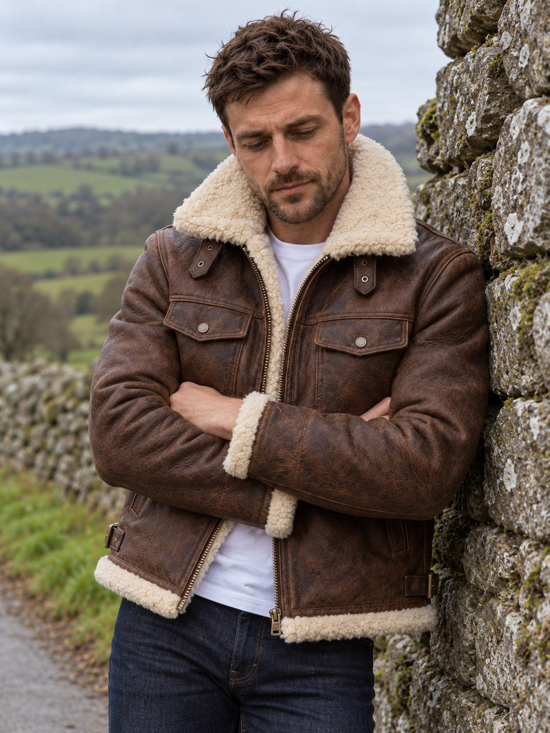 Narborough Faux Shearling Collar Leather Aviator Jacket - front close-up