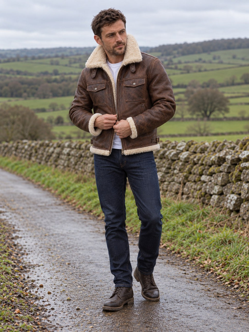 Narborough Faux Shearling Collar Leather Aviator Jacket - full length