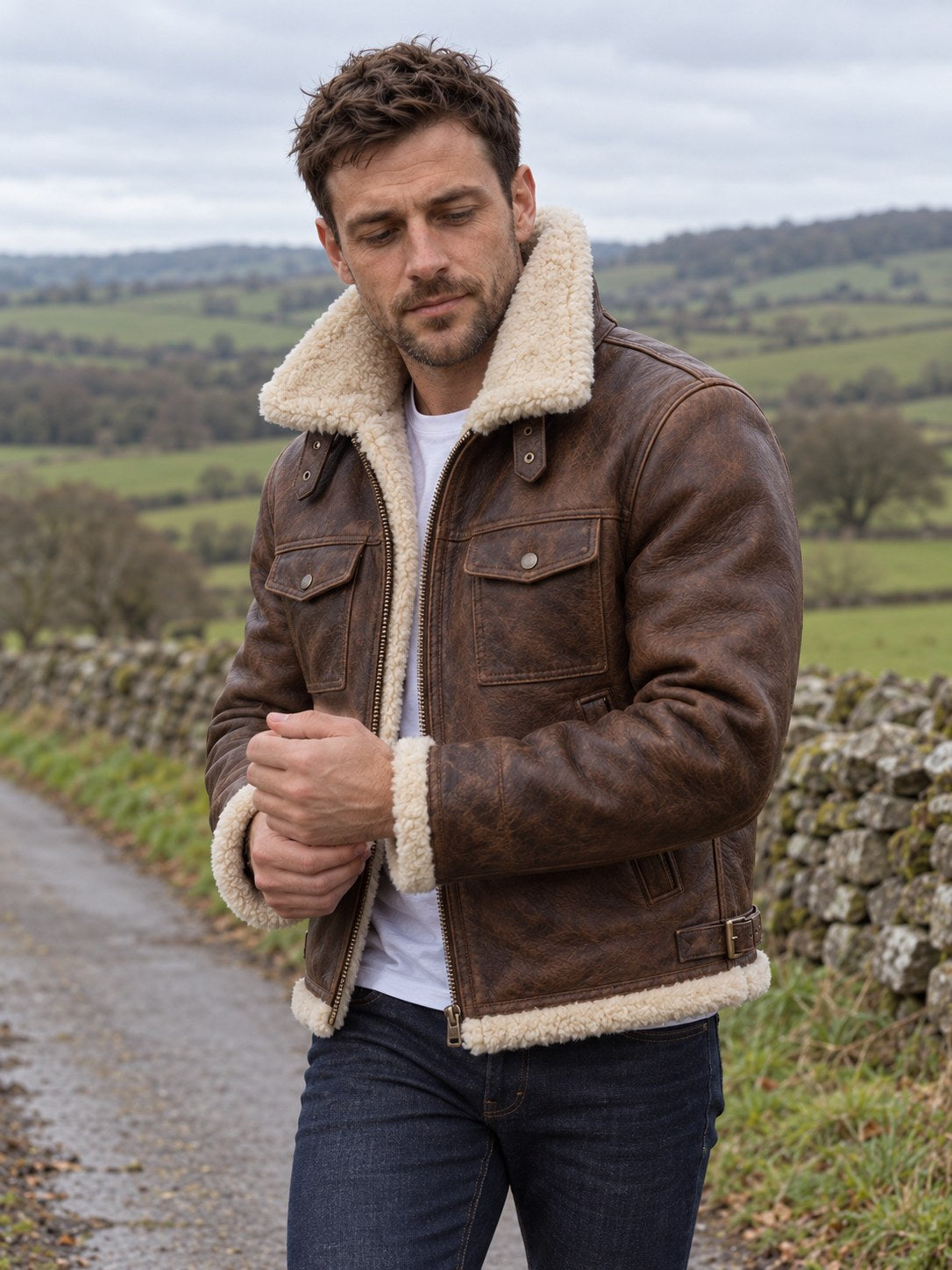 Narborough Faux Shearling Collar Leather Aviator Jacket - front view